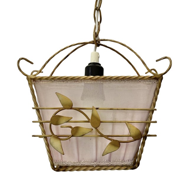 Swedish Modern Pendant Lamp in Steel and Textile with Leaf Decor, 1940s For Sale