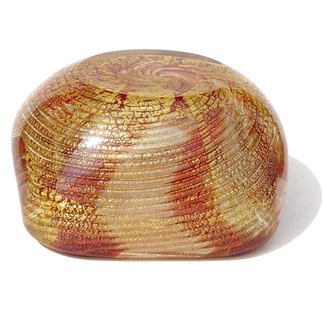 Murano Vintage Red Bands Optic Swril Pattern Gold Flecks Italian Art Glass Chunky Ashtray Bowl For Sale - Image 10 of 11