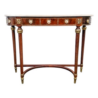 Vintage Louis XVI Revival Marble-Top Mahogany Console Table With Ormolu Mounts & Porcelain Medallions For Sale