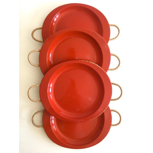 Vintage Mid Century Modern Orange Enamel Oval Metal Plates & Hand Woven