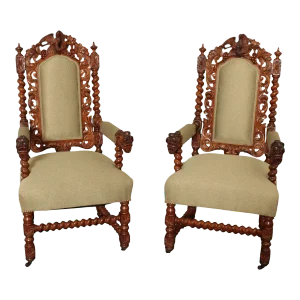 Renaissance Revival Antique Carved Oak Pair of Armchairs