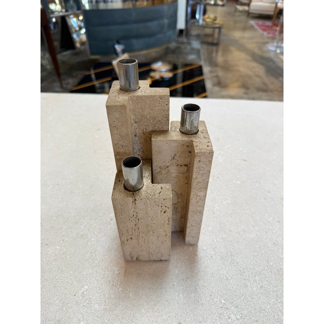 Set of Three Travertine and Chrome Candleholders by c.l.a.m., Italy, 1970s For Sale In Los Angeles - Image 6 of 9