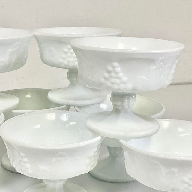 1970s Vintage Americana Arts & Crafts Indiana Glass Grape Milk Glass Champagne Coupes/Sherbet Cups - Set of 8 For Sale - Image 9 of 14