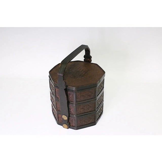 Wood Antique Chinese Double Happiness Wicker 3 Section Stacking Wedding Box For Sale - Image 7 of 8