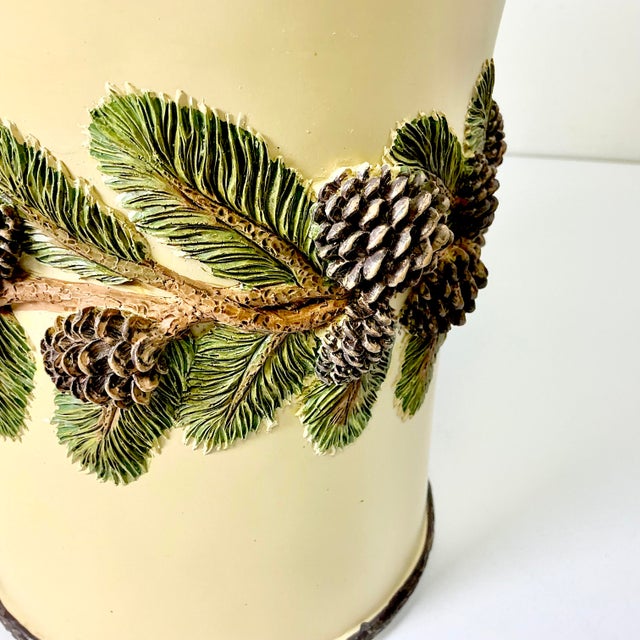 1980s Vintage Arts & Crafts Adirondack Black Forest Pine Cone Accent Wastebasket For Sale - Image 6 of 10