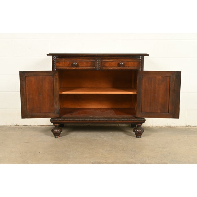 Berkey & Gay Antique English Jacobean Carved Walnut and Burl Wood Bar Cabinet or Server, Circa 1920s For Sale In South Bend - Image 6 of 15