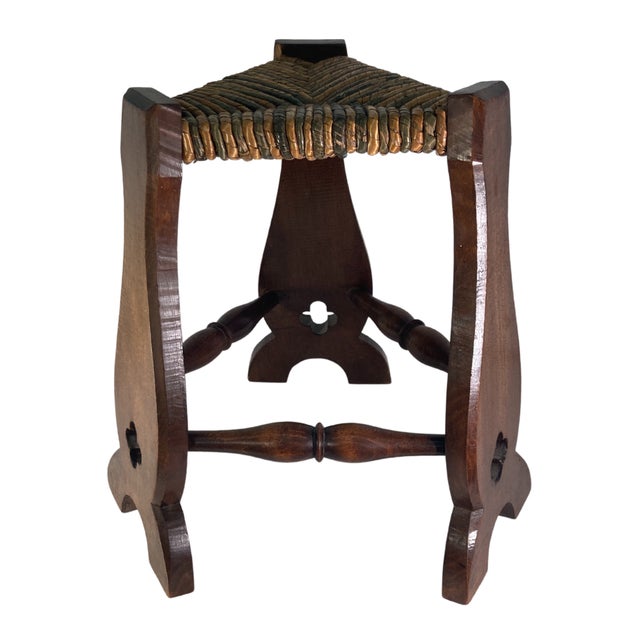 Set of Brutalist Neo Gothic Rush Oak Tripod Stools, France, 1960s For Sale - Image 13 of 18