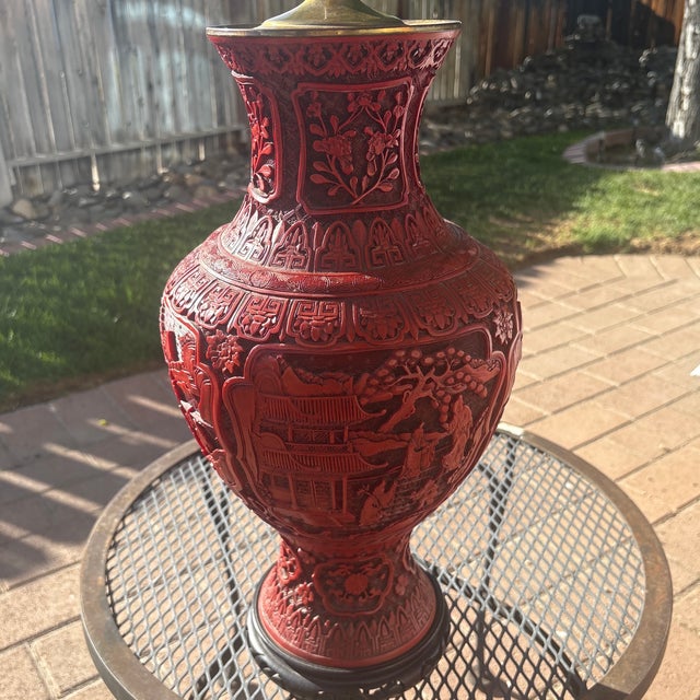 Chinese Large Antique Chinese Lamp Cinnabar With Finial -Rare For Sale - Image 3 of 8