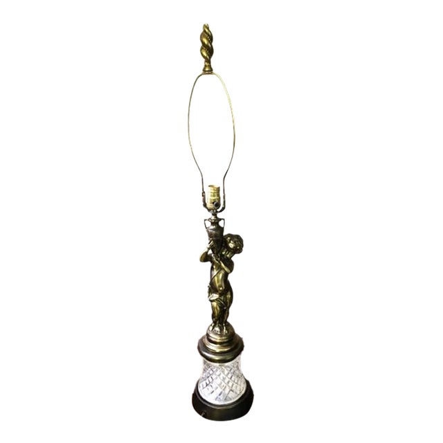Mid 20th Century Brass Cherub Lamp With Cut‑Glass Diamond Base, 36″ Tall For Sale