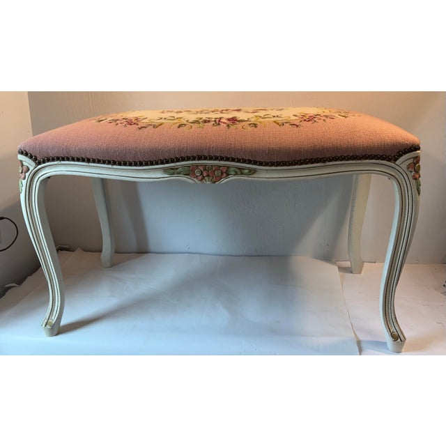 Vintage French Provincial Pink Needlepoint Vanity Bench For Sale - Image 10 of 12