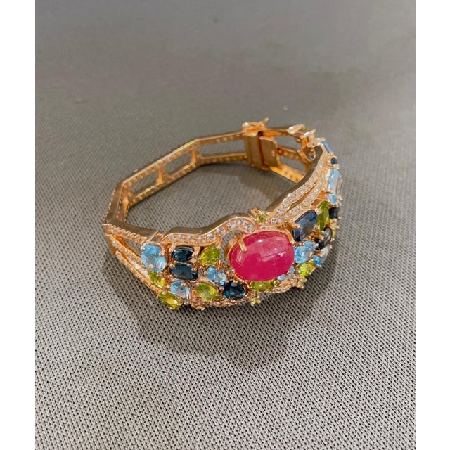 Bochic "Capri" Vintage London Topaz, Ruby & Peridot Bangle -18K Gold & Silver For Sale - Image 4 of 18
