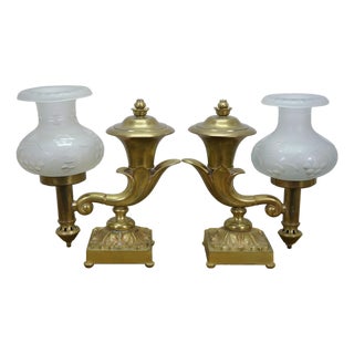 Antique Brass Regency Argand 2 Light Candlestick Candelabra Hurricane Lamps - a Pair For Sale