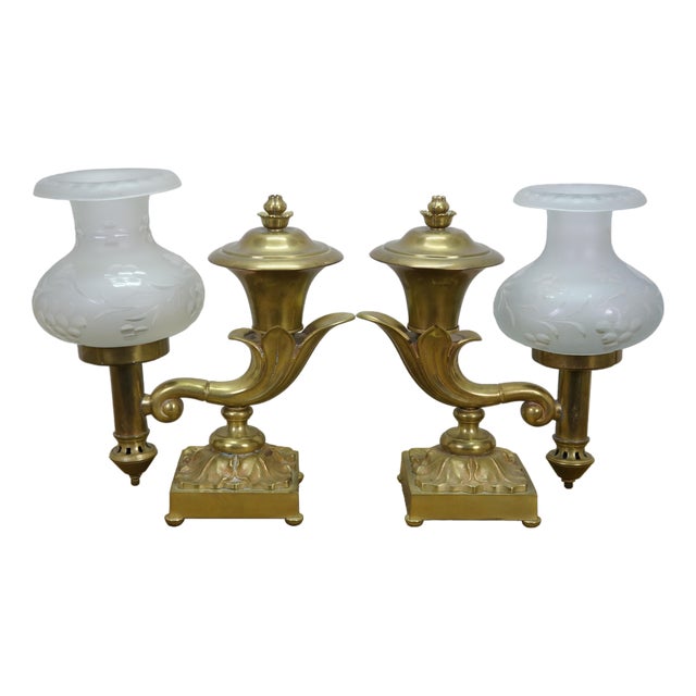 Antique Brass Regency Argand 2 Light Candlestick Candelabra Hurricane Lamps - a Pair For Sale