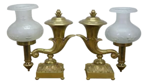 Antique Brass Regency Argand 2 Light Candlestick Candelabra Hurricane Lamps - a Pair