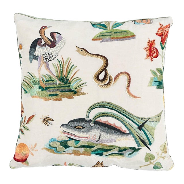 Schumacher Royal Silk Embroidery 14" Pillow in Light Green For Sale