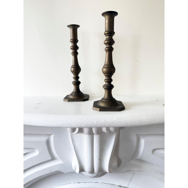 Vintage Mid-Century Modern Brass Turned Candlestick Holders, a Pair For Sale - Image 11 of 13