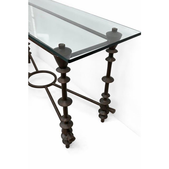 Giacometti-Style Patinated Bronzed and Glass Console Table For Sale - Image 10 of 10
