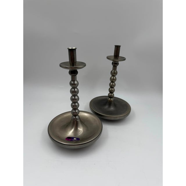 Mid-Century Brushed Chrome Bobbin Candlestick Holders Set Taper by Stoff Nagel, 1950s, Set of 2 For Sale - Image 4 of 15