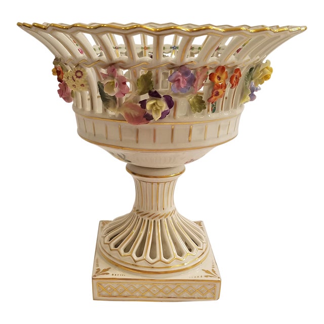 Dresden Porcelain Compote With Applied Flowers and Pierced Bowl 7.75