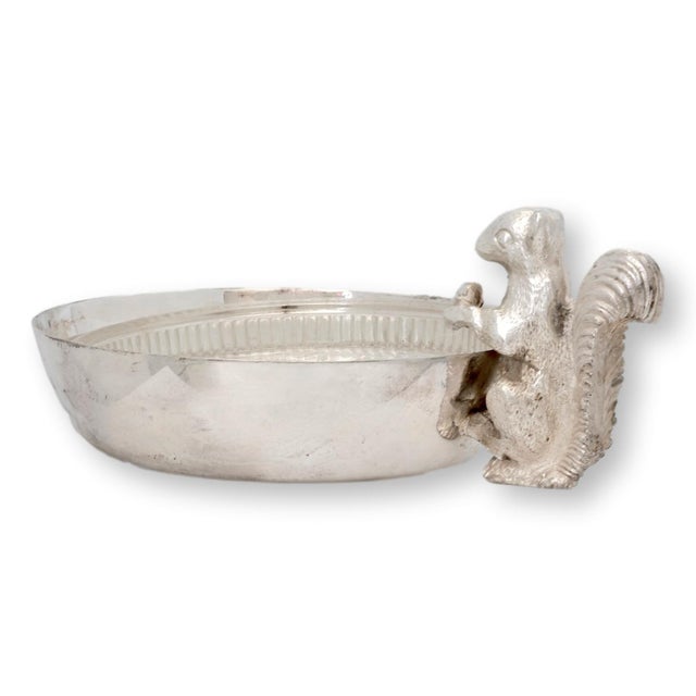 English silverplate squirrel butter dish with glass liner, dating to the mid 20th century. The dish features a sculptural...