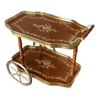 1950s Vintage Italian-Style Brass & Wood Bar Cart With Ornate Inlay For Sale