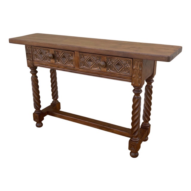 Spanish Carved Console Table with Barley Twist Legs and Drawers, 1930s For Sale