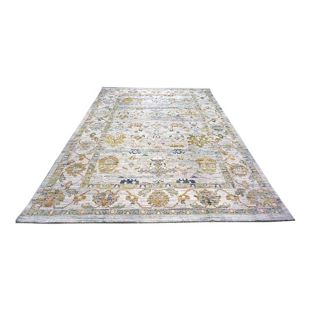 21st Century Turkish Oushak Wool 9x13 Ivory, Blue & Gold Handmade Area Rug #1144087 For Sale