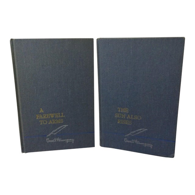 Ernest Hemingway Vintage 1950s Blue Linen Hardcover Books " a Farewell to Arms" & "The Sun Also Rises" - Set of 2 For Sale