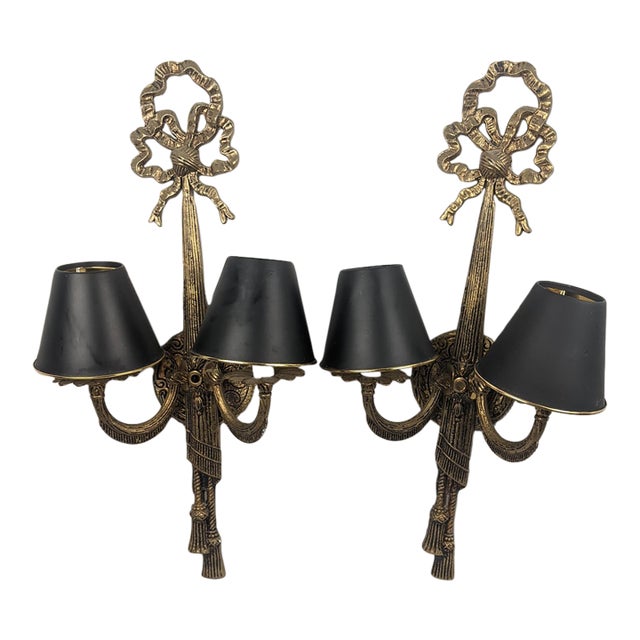 Vintage Ornate Gold-Tone Two-Light Wall Sconces With Shades - Pair For Sale