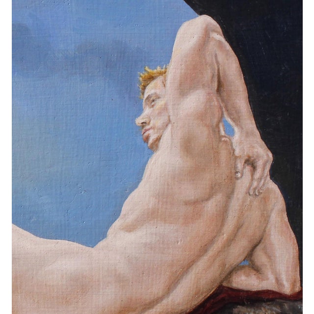 This oil on panel artwork depicts a reclining male figure, exuding a serene confidence against a striking backdrop of a...