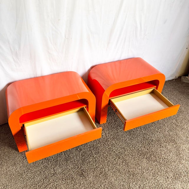 Postmodern Postmodern Tangerine Orange Lacquer Laminate Waterfall Nighstands/Side Tables For Sale - Image 3 of 8