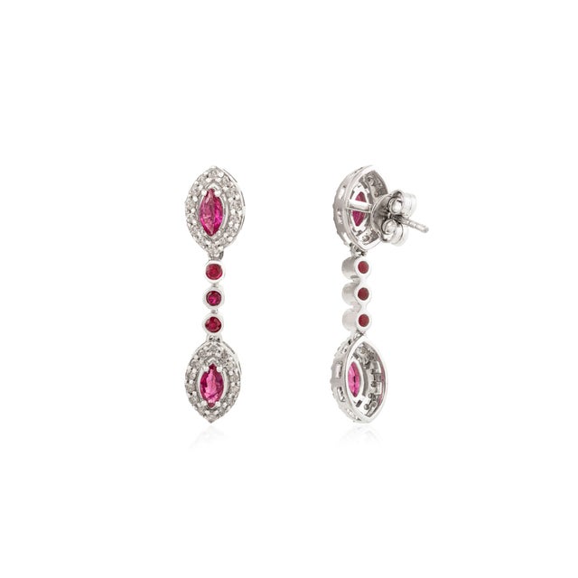 Art Nouveau One-of-a-Kind Design 925 Silver Natural Ruby Diamond Dangle Earrings- A Pair For Sale - Image 3 of 10