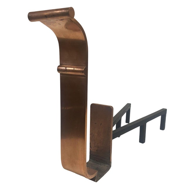 1930s Art Deco Modernist Copper and Iron Firedogs / Andirons, Pair For Sale - Image 4 of 8