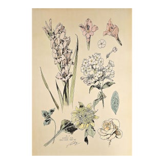1880s Large Rare French Antique Hand-Colored Botanical Lithograph by Henri Lambrt-Gladiolus, Flox, Tea Rose For Sale