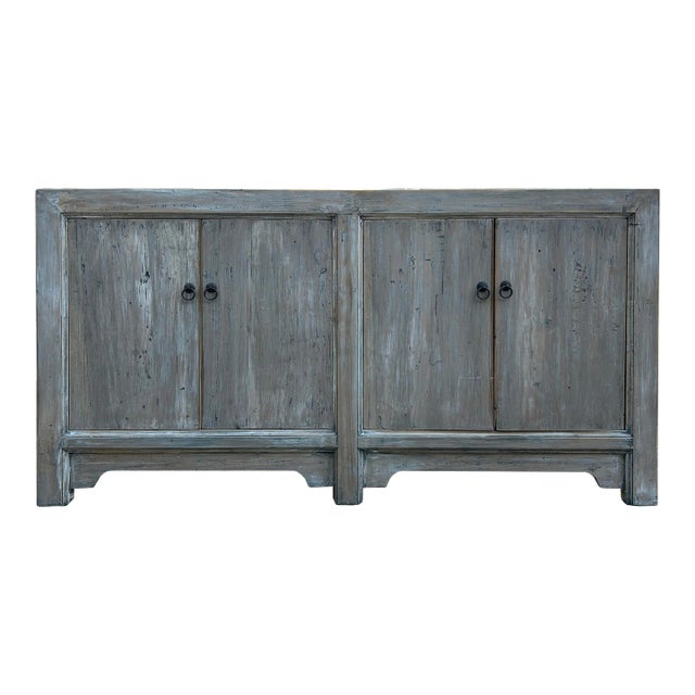 Distressed Bleached White Wash Rough Wood Credenza Console Cabinet For Sale