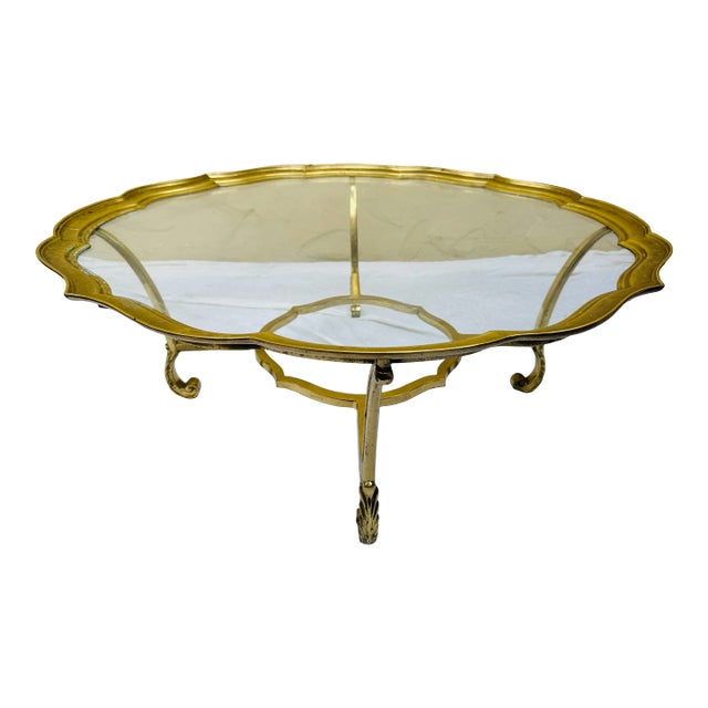 Vintage Scalloped Brass & Glass Coffee Table Manner of Labarge Italy For Sale