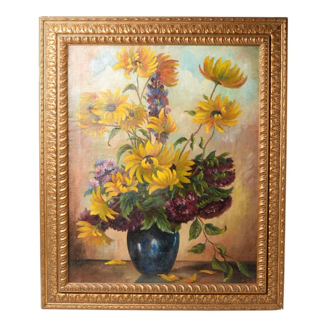 Vintage Still Life Painting Sunflowers Gold Gilt Frame Signed A. Gotz For Sale