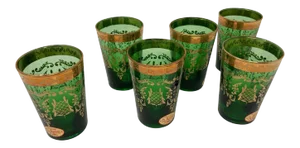 Set of Six Handblown Moorish Green and Gold Tea Glasses