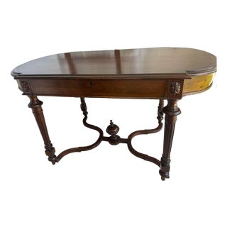 Antique French Louis XVI Napoleon III Writing Table Desk ~1880 Herringbone Veneer Carved Rosettes Oval For Sale