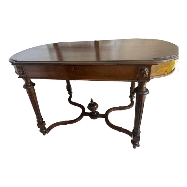 Antique French Louis XVI Napoleon III Writing Table Desk ~1880 Herringbone Veneer Carved Rosettes Oval For Sale