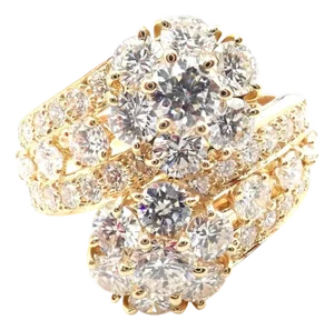 1990s Van Cleef & Arpels Snowflake Diamond Two Flower Yellow Gold Ring, Size 6