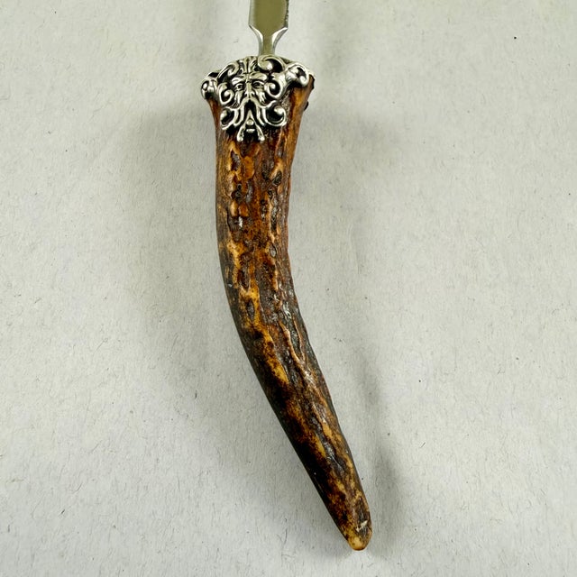 English Stag Horn & Sterling Silver Green Man Face Letter Opener For Sale In Philadelphia - Image 6 of 12