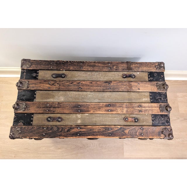 19th Century American Canvas and Oak Flat-Top Steamer Trunk With Lithograph Interior For Sale - Image 9 of 15