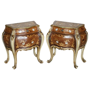 French Marquetry Inlaid Walnut & Marble Bedside Tables with Drawers, Set of 2