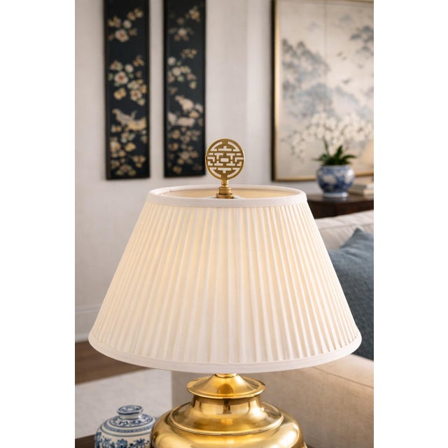 Vintage Brass Ginger Jar Table Lamps With Double Happiness Finials & Original Pleated Shades – 27” - a Pair For Sale - Image 11 of 12