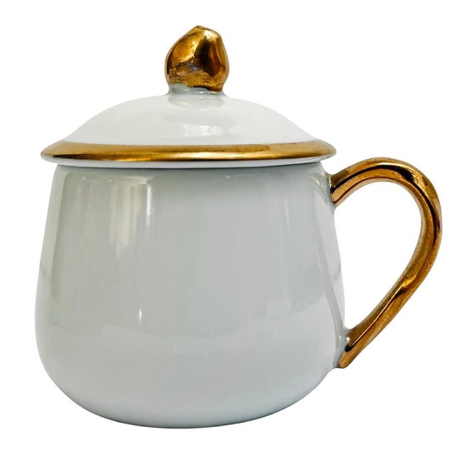 French Vintage White Porcelain Gilded Pots De Crème Set With Matching Scalloped Tray For Sale - Image 3 of 11