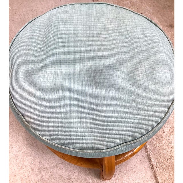 Vintage Rattan Ottoman Footstool in Seafoam Green Upholstery For Sale - Image 10 of 10