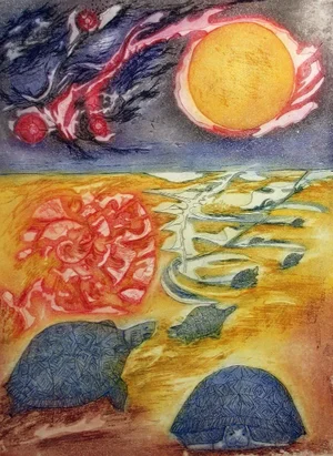 Janet Stevenson Whiteside "Turtles Hopefully Ascending" Hand Signed Unframed Etching, 1977
