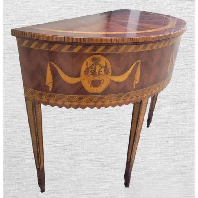 Vintage Large Inlaid Wood Two Tone Jagged Apron Front Herringbone Demi-Lune Half Moon Console Table by Alfonso Marina For Sale - Image 9 of 11
