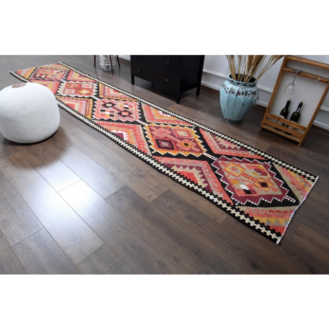 1970s 1970s Vintage Turkish Handmade Wool Cotton Orange Runner Rug For Sale - Image 5 of 11